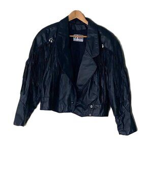 Vintage G-III Leather Fashions M-L Black Fringe Leather Moto Jacket USA